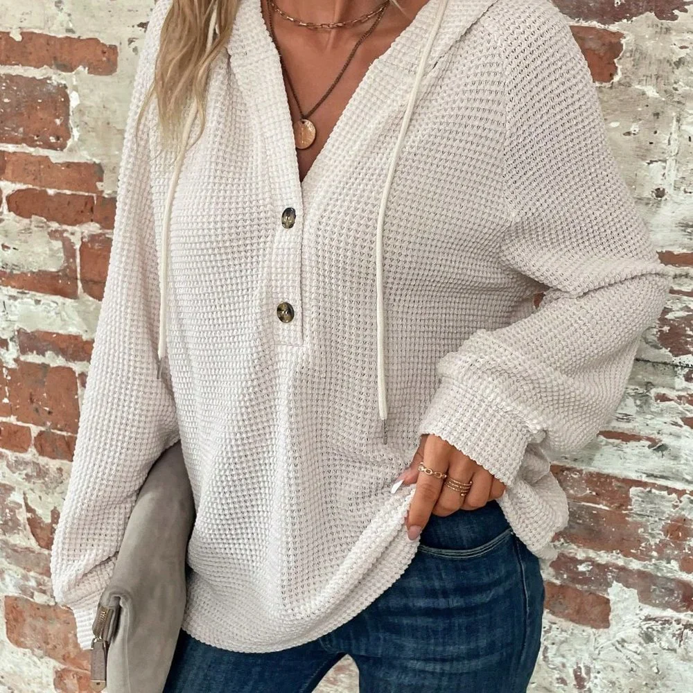 Apricot Casual Womens Half Button Raglan Sleeve Drawstring Hoodie - Picture 4 of 5